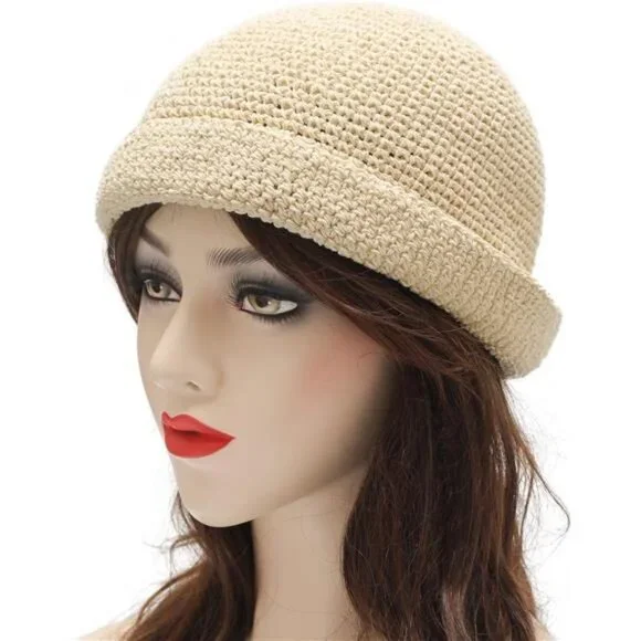 Women Winter Crochet Bucket Hat Solid Beige